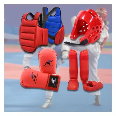 (red, XS) Pieces Karate Equipment Including Body Protective Vest, Padded Boxing Gloves, Helmet F