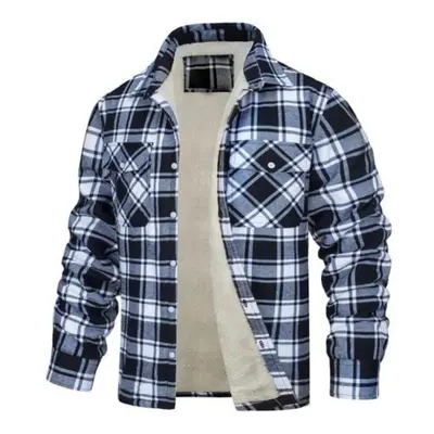 (black, M) Men Fall Winter Jacket Plaid Print Lapel Soft Plush Pockets Single-breasted Loose Thi