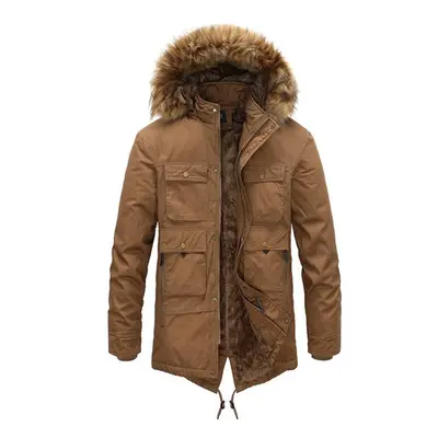 (brown, 2XL) Winter Men&apos;s Bomber Jackets With Fur Collar Thick Warm Hooded Coat Casual Mid-