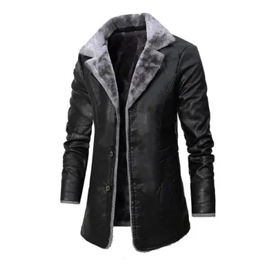 (black, XL) Men&apos;s Mid Length Leather Jacket Autumn And Winter Business Plush Large Lapel Su