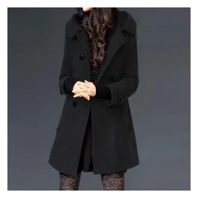 (Black, M) Cotton Winter Thick Woolen Coat Women&apos;s Mid-length Hooded Cotton Slim-fitting Wo