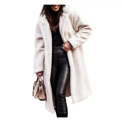 (beige, M) Women Winter Coat Thick Solid Color Hooded Hat Long Sleeve Keep Warm Woolen Mid-calf 