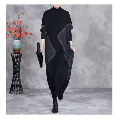 (as the picture, One Size) Johnature Woman Autumn Fashion Mock Neck Loose Long Sleeves Dress Chi