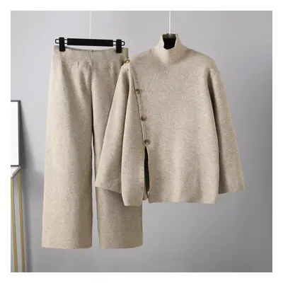 (khaki, OneSize) Women&apos;s Design Sense High Neck Solid Color Split Knitted Sweater Winter Wi