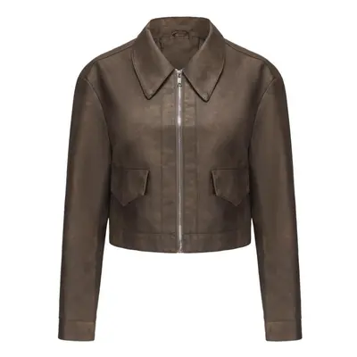 (taupe, S) Faux Leather Jackets For Women Thin Crop Top Short Jacket Long Sleeves Lapel Zipper C