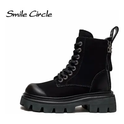 (black, 37) Natural Leather Chunky Women&apos;s Martin Boots High Top Back Zipper Thick Sole Boo