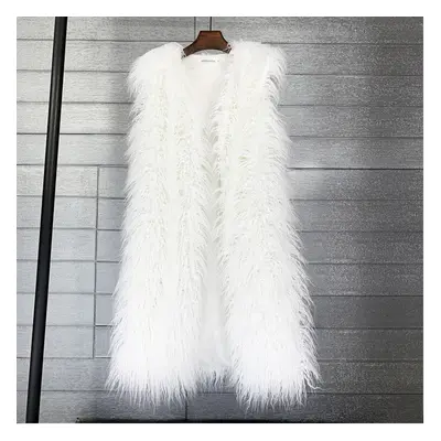 (xxL, White) Faux Mongolia Sheep Fur Women Long Vest Colorful Warm Faux Fur Big Siz