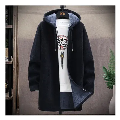 (Black, M) Men's Casual Midi Long Hooded Cardigan Sweater Jumper Loose Blazer Jacket Coat