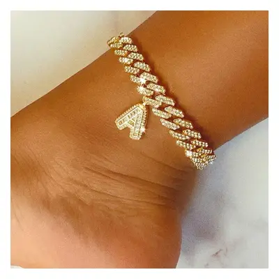 (Gold) 12mm DIY Layered Initial Cuban Link Chain Iced Out Anklets for Women Cuban Anklet Ankle B