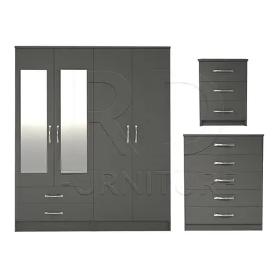 Ready assembled Pcs Classic Door Drawer Mirrored Wardrobe, Chest And Bedside Set Grey