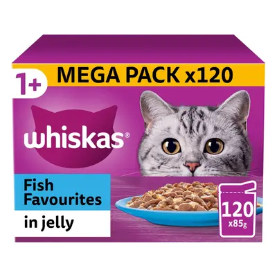 120 X 85G Whiskas 1+ Fish Favourites Mixed Adult Wet Cat Food Pouches in Jelly