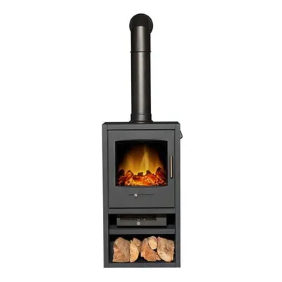 Adam Bergen Electric Stove in Charcoal Grey with Tall Angled Stove Pipe in Black