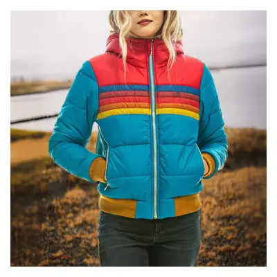 (Navyblue, M) Womens Rainbow Zip-up Winter Down Casual Striped Hooded Puffer Coat