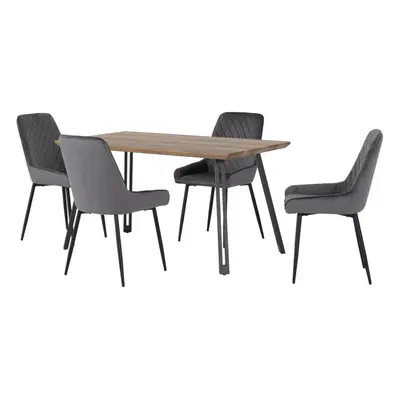 Quebec Straight Edge Dining Set Medium Oak Effect with Grey Velvet Chairs