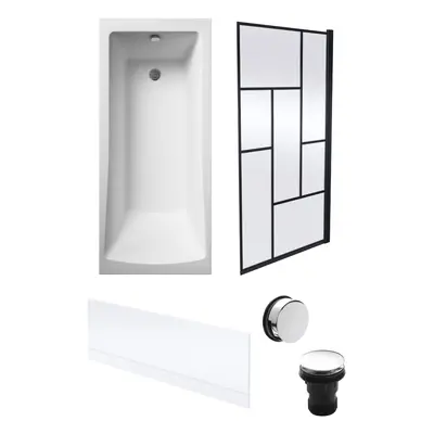 Square Single Ended Bath, Front Panel, Abstract Black Screen, Chrome Waste -1700x700mm