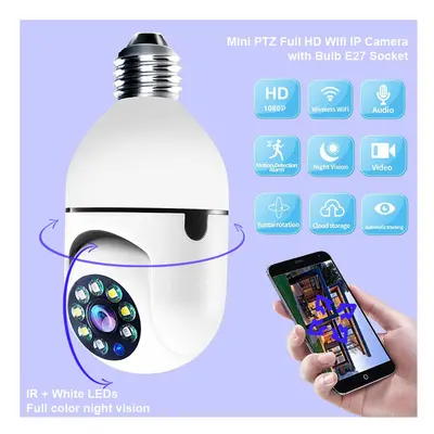 (Dual light) 2MP Mini PTZ Full HD Wifi IP Camera with E27 Bulb Socket Night Vision Cloud Storage