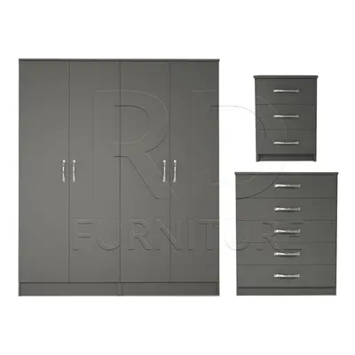 Ready assembled Pcs Classic Door Wardrobe, Chest and Bedside set Grey