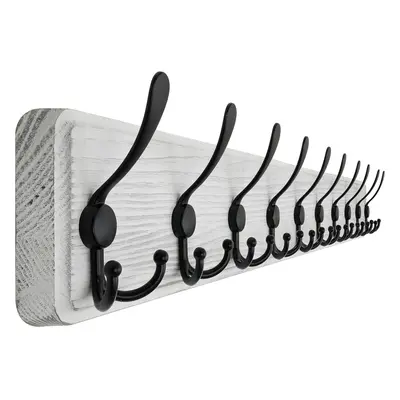 (1 Item-10 Hooks, White Plate & Black Hook) Coat Rack Wall Mounted - 38.3'' Long, Wooden, Heavy 