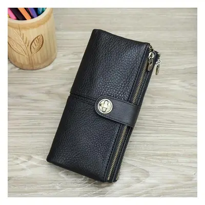 (black) Genuine Leather Women Long Wallet With Zipper Phone Pocket Money Bag With Airtag Slot Fe