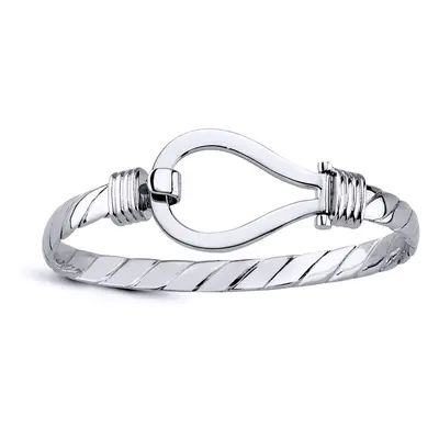 Jewelco London Mens Rhodium Plated Sterling Silver Rope Twist Stirrup Loop Hook Bangle Bracelet 