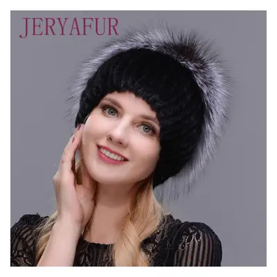 (black,grey) Women New Winter Fur Cap Hooded Head Genuine Mink Fur Hat And Silver Fox Fur Flower