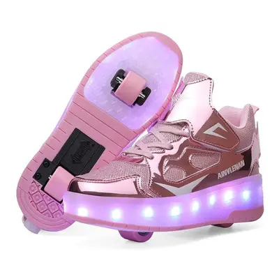 (pink, 33) Tuinanle Kids Led Light Roller Shoes Luminous Light Up Skate Sneakers With On Wheels