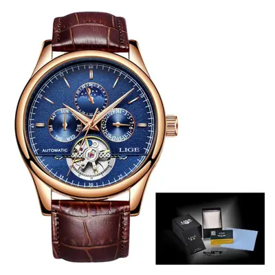 (Gold Blue) Lige Leather Strap Automatic Men Wrist Watch