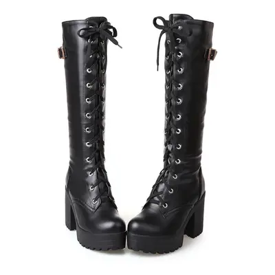 (black, 39) Autumn Lacing Knee High Boots Women Fashion White Square Heel Woman Leather Shoes Wi