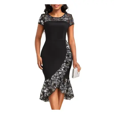 (black, 4XL) Embroidered Sequin Fishtail Dress O-neck Short Sleeve Elegant Lace Evening Party Dr