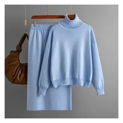 (light blue, One Size) Autumn And Winter Women&apos;s Knitted Sweater Set Solid Color High Neck 