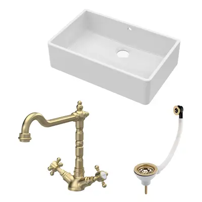 Fireclay Kitchen Bundle - Single Bowl Butler Sink with Overflow, Waste & Classic Mono Tap, 595mm