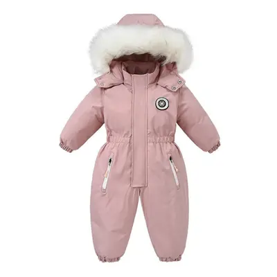 (pink, 90(12M)) Winter Baby Ski Suit Plus Velvet Baby Jumpsuit Boys Overalls Warm Kids Clothes W