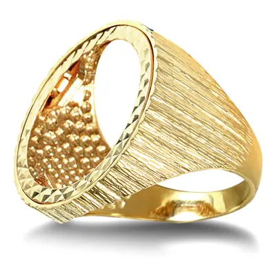 (U) Jewelco London Men's Solid 9ct Yellow Gold Ribbed Barked Full Sovereign Mount Ring - JRN183-