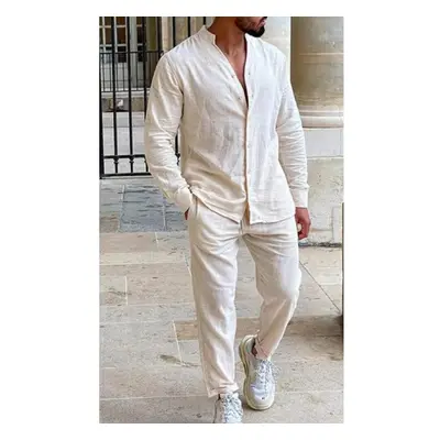 (beige, XL) Mens Sets Linen Spring Autumn Leisure Suit Long Sleeve Shirts And Trousers Two Piece