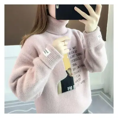 (pink, XL) Turtleneck Sweater Winter Faux Mink Velvet Chenille Lazy Wind Pullover Bottom Knit Sw