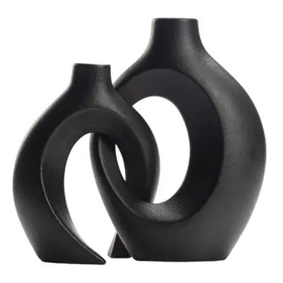 (black) 2pcs Modern White Ceramic Vase For Home Decor, Circle Matte Hollow Flower Vases Nordic B