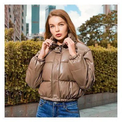 (coffee, L) Women Autumn Winter Warm Chic Leather Jacket Stand Collar Long Sleeve Solid Color Sh