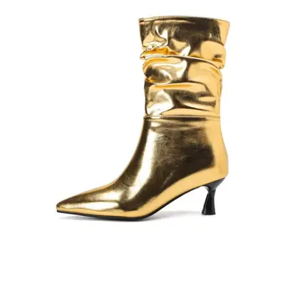 (gold, 37) Women Ankle Short Boots Pointed Toe Thin High Heels Pleated Metallic Boots Ladies Fas