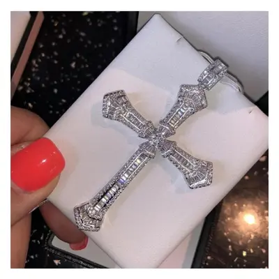 Long Cross Pendant Cz Sterling silver Chain Cross Pendant Necklace for Women Men Party Wedding j