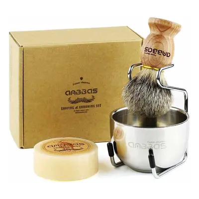 Shaving Set, 4pcs Badger Hair Shaving Brush Wood Handle and Stainless Steel Shaving Brush Stand 