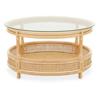 Elegant Rattan Coffee Table With Glass Top, Round Cane Furniture, Sturdy Outdoor Table, Stable C