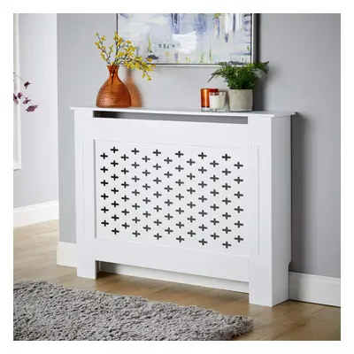 (White, Medium) Radiator Cover MDF Wooden Slatted Grill Decorative