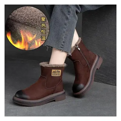 (coffee, 36) Johnature Winter Plush Warm Short Boots Retro Comfortable Genuine Leather Solid Col