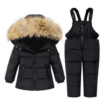 (black, 110(3-4T)) Years Kids Girls Boys Snow Wear Winter Hooded Puffer Jacket Outerwear And Bib