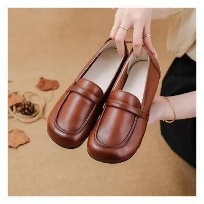 (brown, 36) Johnature Retro Genuine Leather Flat Shoes Round Toe Soft Sole Loafers Casual Solid 