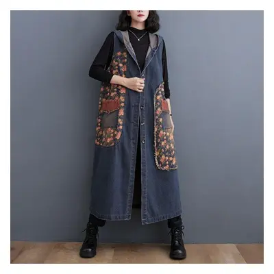 (blue, 2XL) Hooded Long Denim Vest Coat Women&apos;s Plus Size Denim Jacket Retro Style Loose Ca