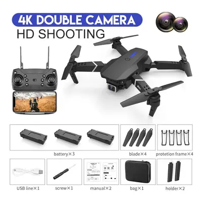 (black, dual camera battery) E88 Pro Remote Control Drone 4k Hd Single/dual Camera Optical Flow 