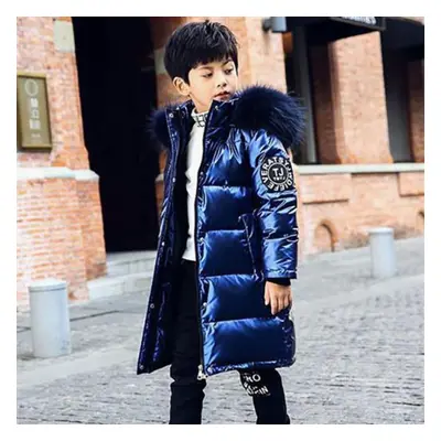 (blue, 130) Boys Winter Down Cotton Jacket Girls Waterproof Hooded Coat Children Outerwear Cloth