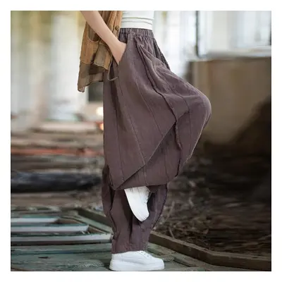 (purple, One Size) Johnature Women Vintage Ramie Pants Solid Color Loose Ramie Trouser Spring El