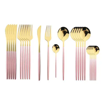 (pink,gold, 24pcs) 24pcs Black Handle Golden Cutlery Set Stainless Steel Knife Fork Spoon Tablew